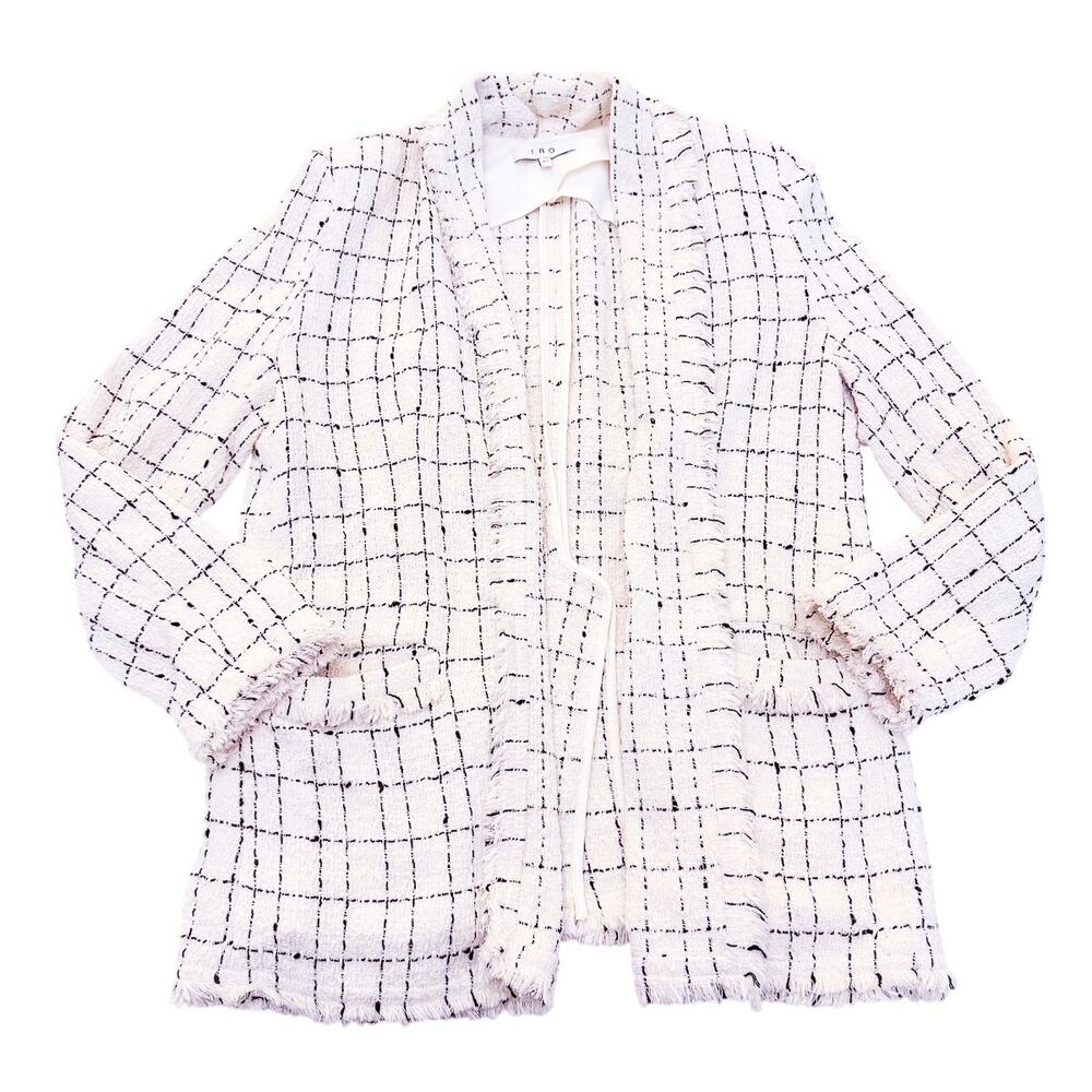 IRO Quanto Fringe Hem Plaid Patterned Blazer Jacket White Black Size 42